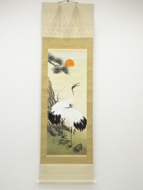 JAPANESE HANGING SCROLL / HAND PAINTED / CRANE & TURTLE